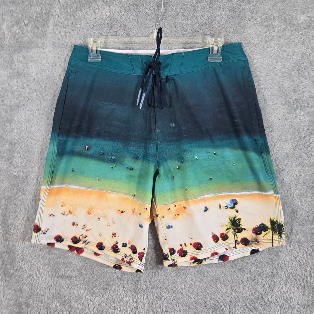 American Eagle Mens Beach Scene Graphic Board Shorts Teal Blue Size S RN54485